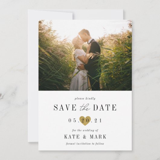Moderne Goldherz-Foto-Hochzeit Save The Date (Vorderseite)