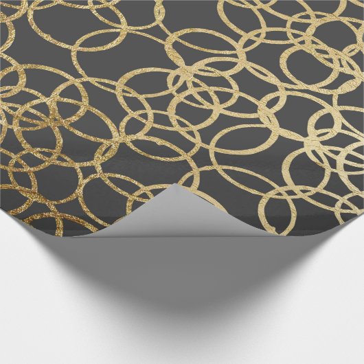 Moderne Goldkreise auf Holzkohlen-Schwarzem Geschenkpapier (Ecke)