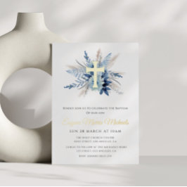 moderne Goldkreuz-Blütentaufe Folieneinladung