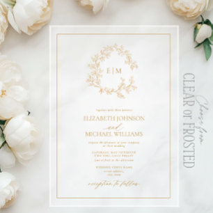 Moderne Goldleafy-Wappen-Monogram-Hochzeit Acryleinladungen