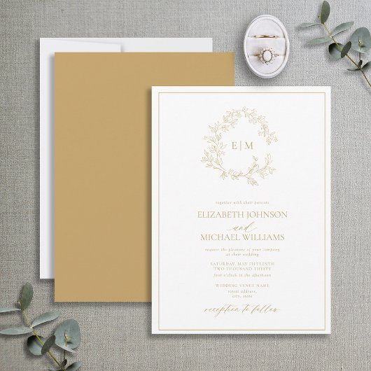 Moderne Goldleafy-Wappen-Monogram-Hochzeit Einladung