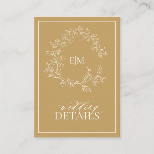 Moderne Goldleafy-Wappen-Monogram-Hochzeitdetails Begleitkarte (Vorderseite)