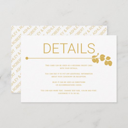 Moderne Goldlinie und Zweig mit Blätter Hochzeit Begleitkarte (Vorne/Hinten)