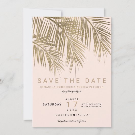 Moderne Goldpalme, elegant Save the Date rosa (Vorderseite)