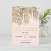 Moderne Goldpalme, elegant Save the Date rosa (Stehend Vorderseite)