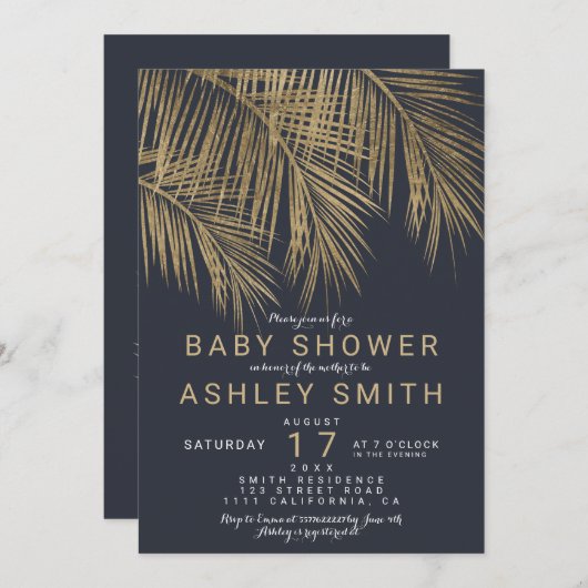 Moderne Goldpalme, treenavy Blue Babydusche Einladung (Vorne/Hinten)