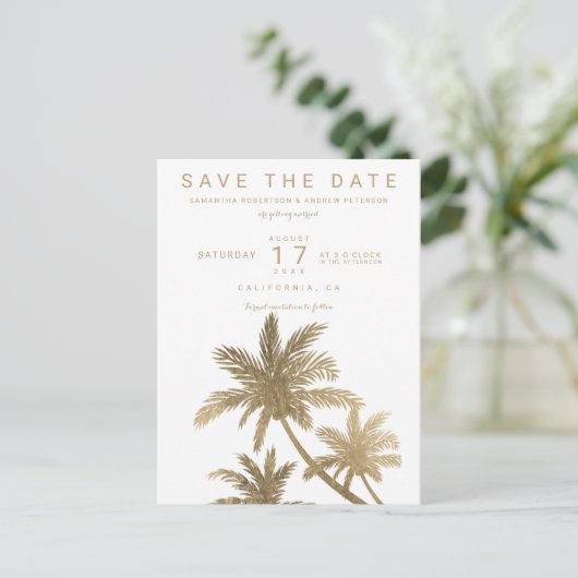 Moderne Goldpalmen elegant Ankündigungspostkarte (Stehend Vorderseite)