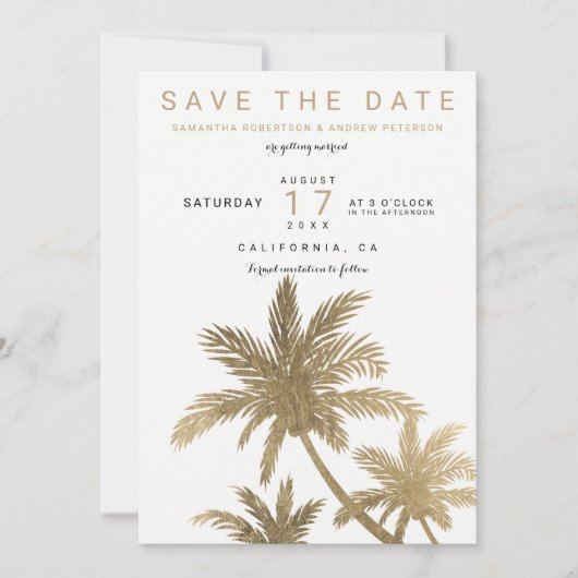Moderne Goldpalmen Save the Date elegant (Vorderseite)