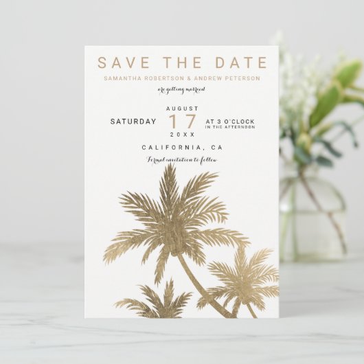 Moderne Goldpalmen Save the Date elegant (Stehend Vorderseite)