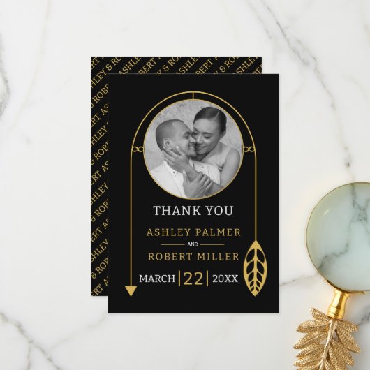 Moderne Goldrahmen mit Foto- und Blatthochzeit Dankeskarte (Vorderseite/Rückseite Beispiel)