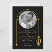 Moderne Goldrahmen mit Foto- und Blatthochzeit Einladung (Vorderseite)