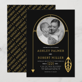 Moderne Goldrahmen mit Foto- und Blatthochzeit Einladung