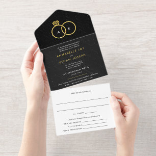 Moderne Goldring Monogram Black and White Wedding All-in-One-Einladung