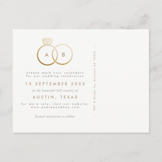 Moderne Goldrings Save the Date Postkarte (Rückseite)