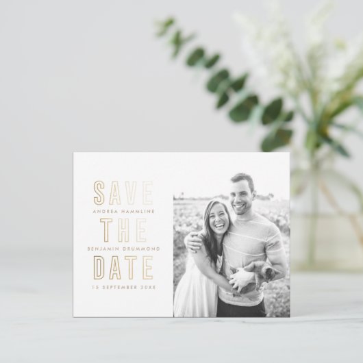 Moderne Goldrings Save the Date Postkarte (Stehend Vorderseite)