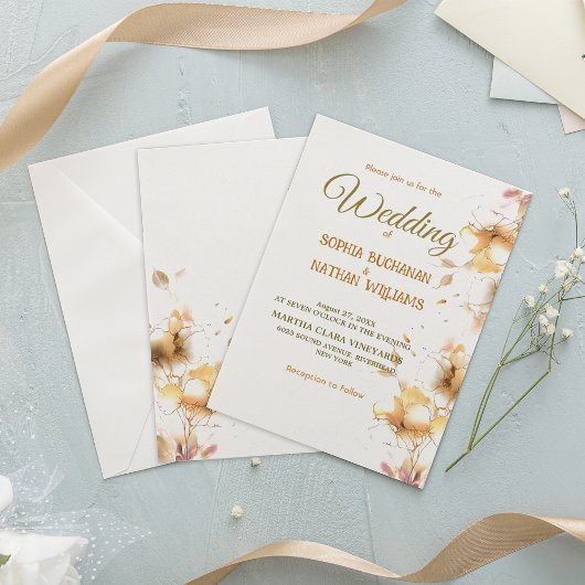 Moderne goldrosa blumenreiche Hochzeit Einladung