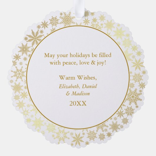 Moderne Goldschneeflocken Happy Holidays Foto Ornament Karte (Rückseite)