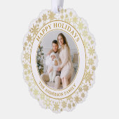 Moderne Goldschneeflocken Happy Holidays Foto Ornament Karte (Links)