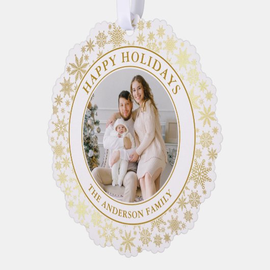 Moderne Goldschneeflocken Happy Holidays Foto Ornament Karte (Links)