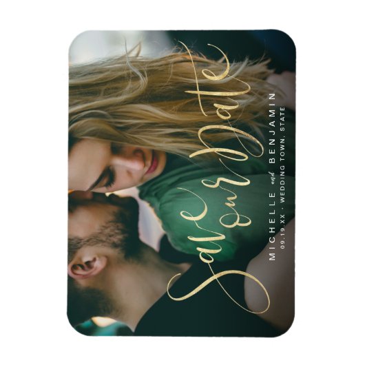 Moderne Goldskript-Foto Hochzeit speichern das Dat Magnet (Vertikal)
