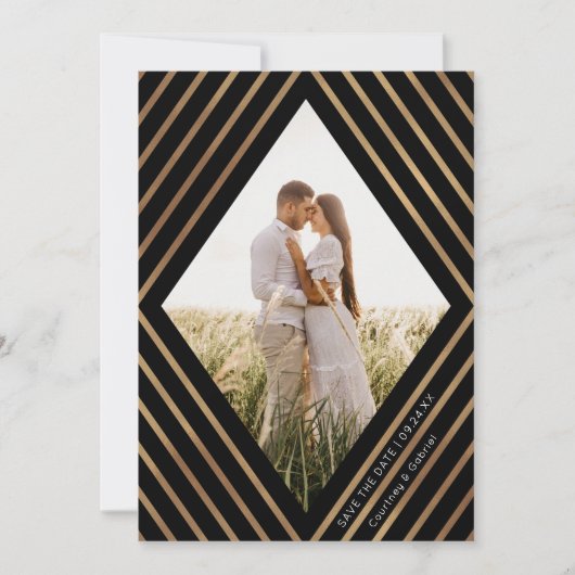Moderne Goldstreifen Diamant Rahmen Foto Hochzeit Save The Date (Vorderseite)