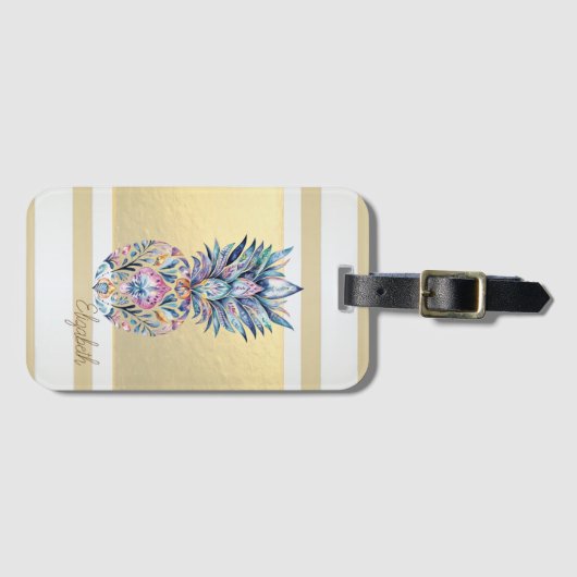 Moderne Goldstreifen, farbenfrohe Ananas Gepäckanhänger (Vorderseite (Horizontal))