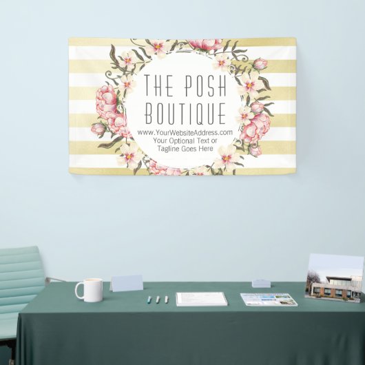 Moderne Goldstreifen u. rosa BlumenRosenWreath Banner (Messeveranstaltung)