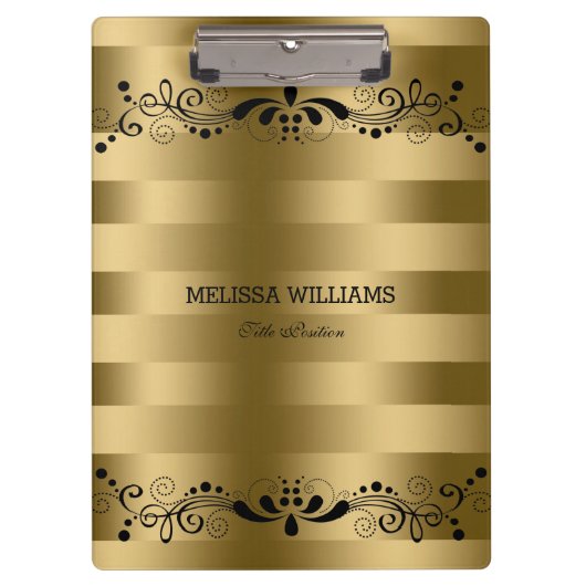 Moderne Goldstreifen und Vintage schwarze Blütensp Klemmbrett (Vorderseite)