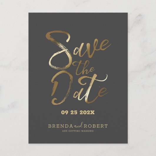 Moderne Goldtypografie auf dunkelgrau Save the Dat Ankündigungspostkarte (Vorderseite)