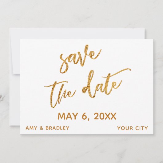 Moderne Goldwaagen und Handschrift weiß Save The Date (Vorderseite)