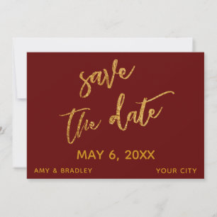 Moderne Goldwellen und handschriftliches Burgunder Save The Date