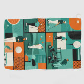 Moderne Golf Artwork mit Spielern und Karren Golfhandtuch (Horizontal)