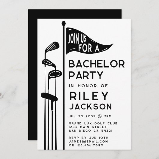 Moderne Golf Golfers Bachelor Party Black and Whit Einladung (Vorne/Hinten)