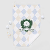 Moderne Golfball mit blauem Muster und grüner Schr Golfhandtuch (Insitu)