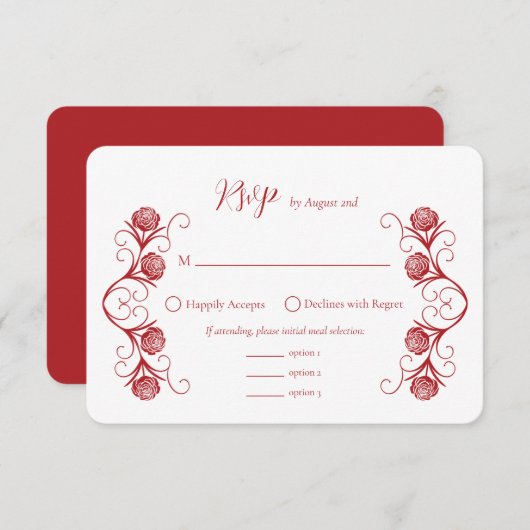 Moderne gotische Rose Wirbel Crimson Red Wedding RSVP Karte (Vorne/Hinten)