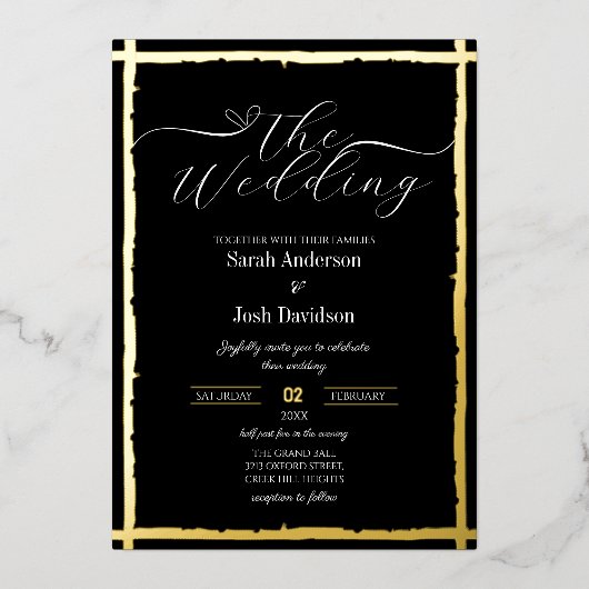 Moderne gotische Schwarz Golden Foto Hochzeit Folieneinladung (Vorderseite)