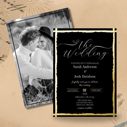 Moderne gotische Schwarz Golden Foto Hochzeit Folieneinladung