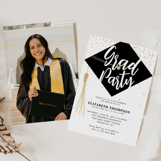 Moderne GRAD Cap Black Gold Foto Graduation Party Einladung