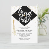 Moderne GRAD Cap Black Gold Foto Graduation Party Einladung (Stehend Vorderseite)