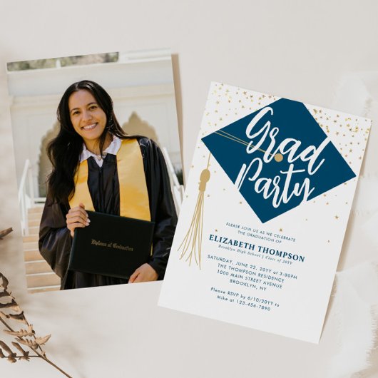 Moderne GRAD Cap Blue Gold Foto Graduation Party Einladung