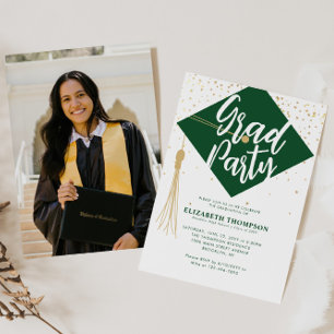 Moderne GRAD Cap Green Gold Foto Graduation Party Einladung