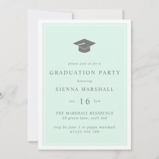 Moderne Grad-Kappe und Rahmen-Minze-Abschluss Einladung (Vorderseite)