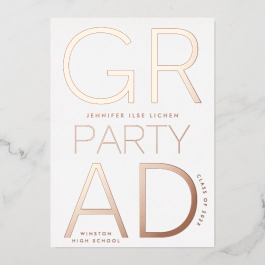 MODERNE GRAD PARTY Class of 2025 ROSE Gold Pressed Folieneinladung (Vorderseite)