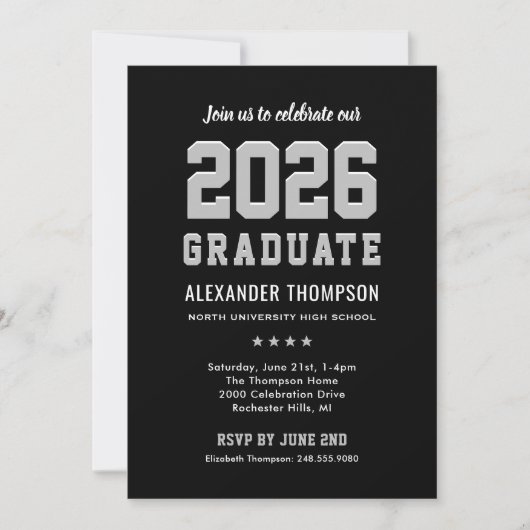 Moderne Graduate Black Gray Graduation Party 2025 Einladung (Vorderseite)