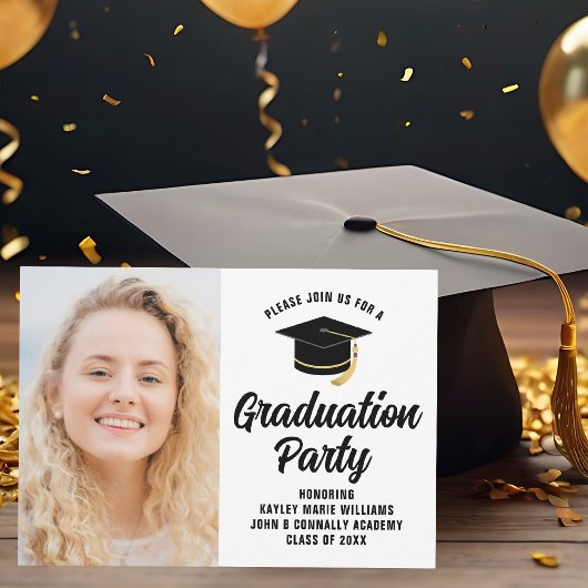 Moderne Graduate Foto Black Text Graduation Party Einladung