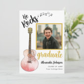 Moderne Graduate Foto He Rocks Graduation Party Einladung (Stehend Vorderseite)