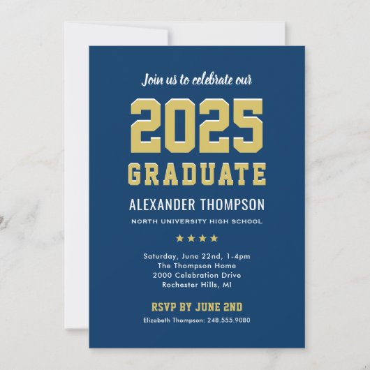 Moderne Graduate Navy Gold Graduation Party 2025 Einladung (Vorderseite)