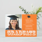 Moderne Graduate Orange Foto Graduation Party Einladung (Stehend Vorderseite)