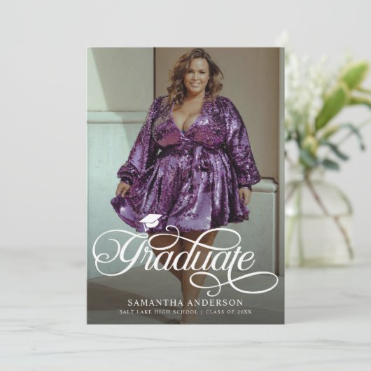 Moderne Graduate Script 2 Fotos Graduation Party Einladung (Stehend Vorderseite)