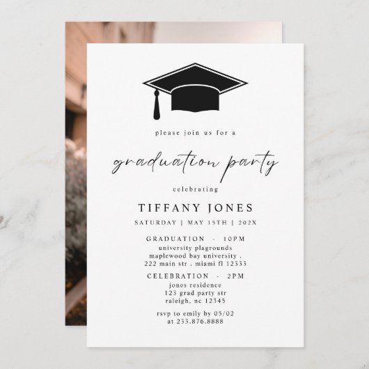 Moderne Graduate Script Foto Graduation Party Einladung (Vorne/Hinten)